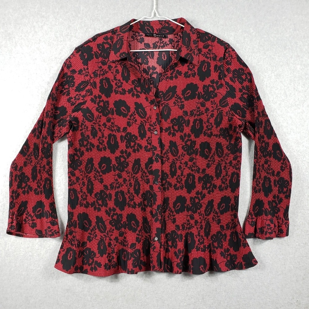 Fred David Blouse‎ Red Black Floral Pleated Button Down Shirt Women's Plus 2XL